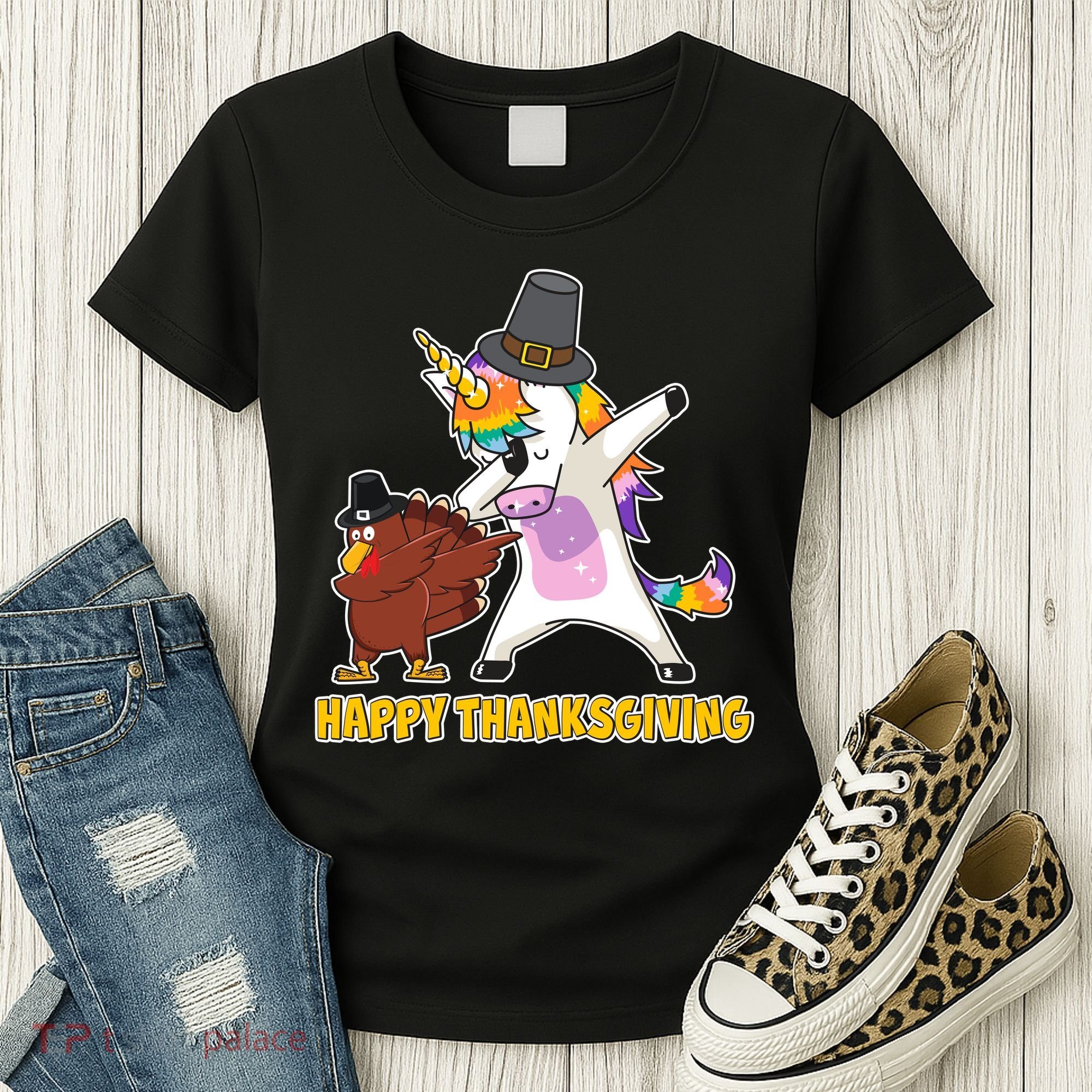 Funny Happy Thanksgiving Dabbing Turkey and Unicorn Women's T-Shirt