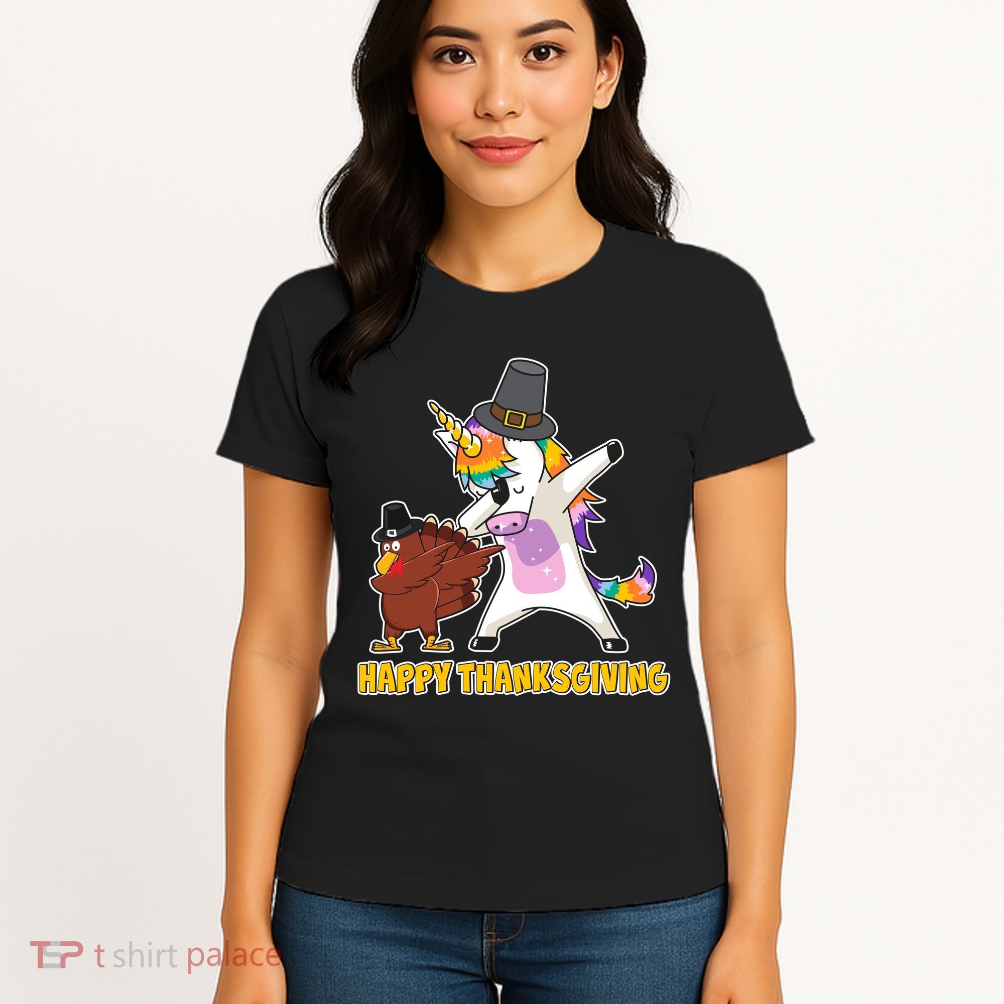 Funny Happy Thanksgiving Dabbing Turkey and Unicorn Women's T-Shirt