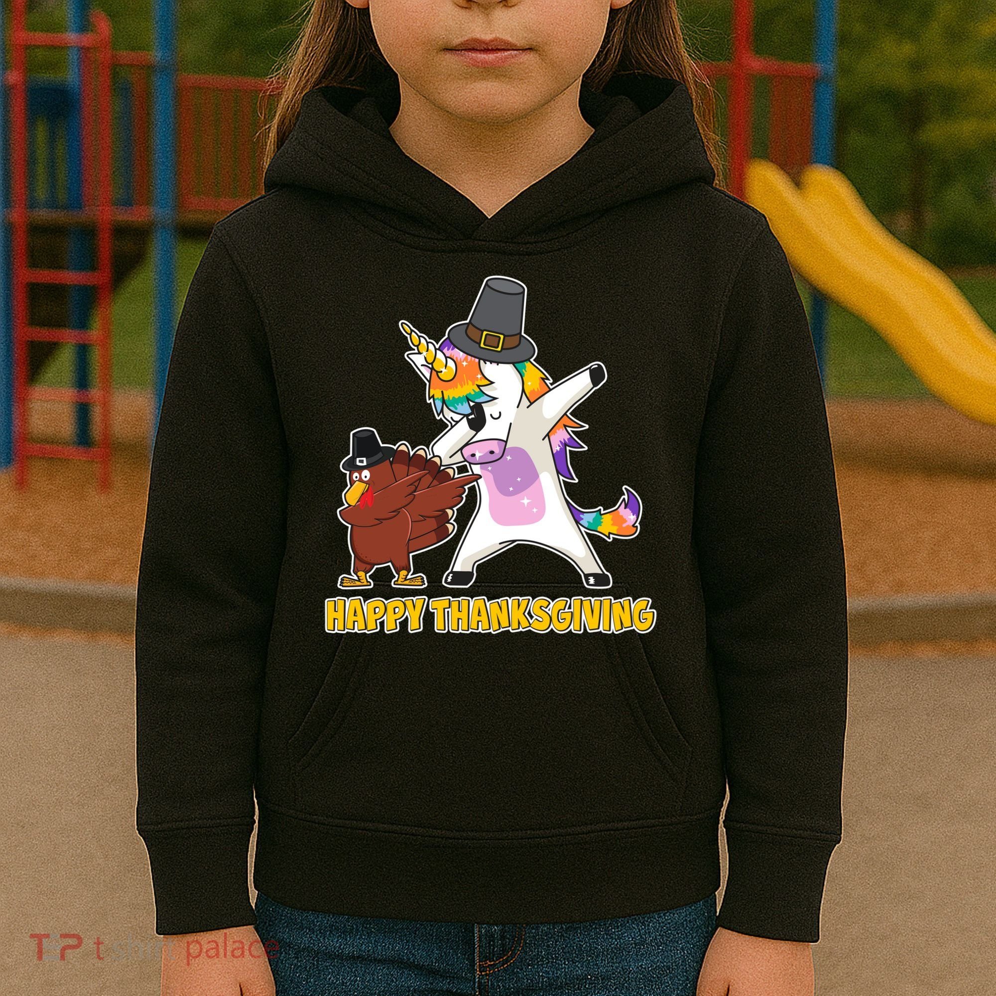 Funny Happy Thanksgiving Dabbing Turkey and Unicorn Kids Hoodie