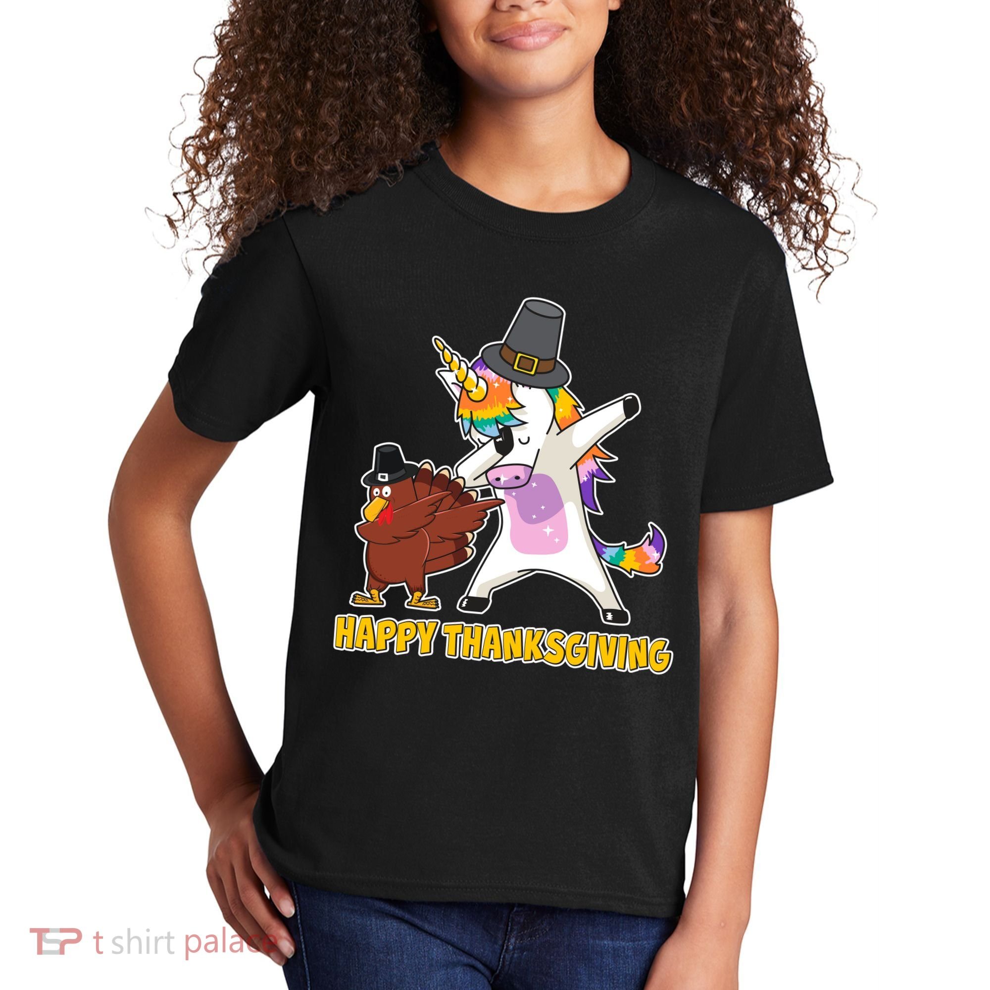 Funny Happy Thanksgiving Dabbing Turkey and Unicorn Kids T-Shirt