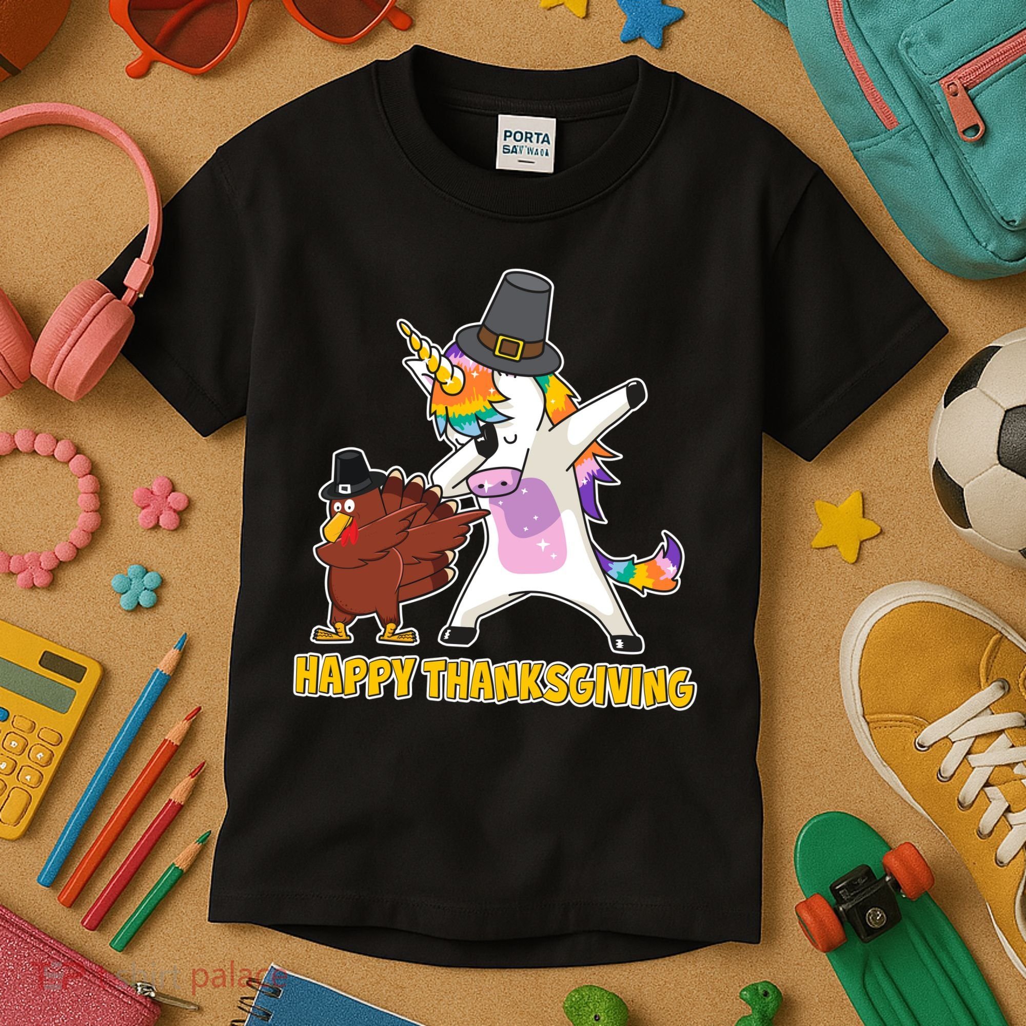 Funny Happy Thanksgiving Dabbing Turkey and Unicorn Kids T-Shirt