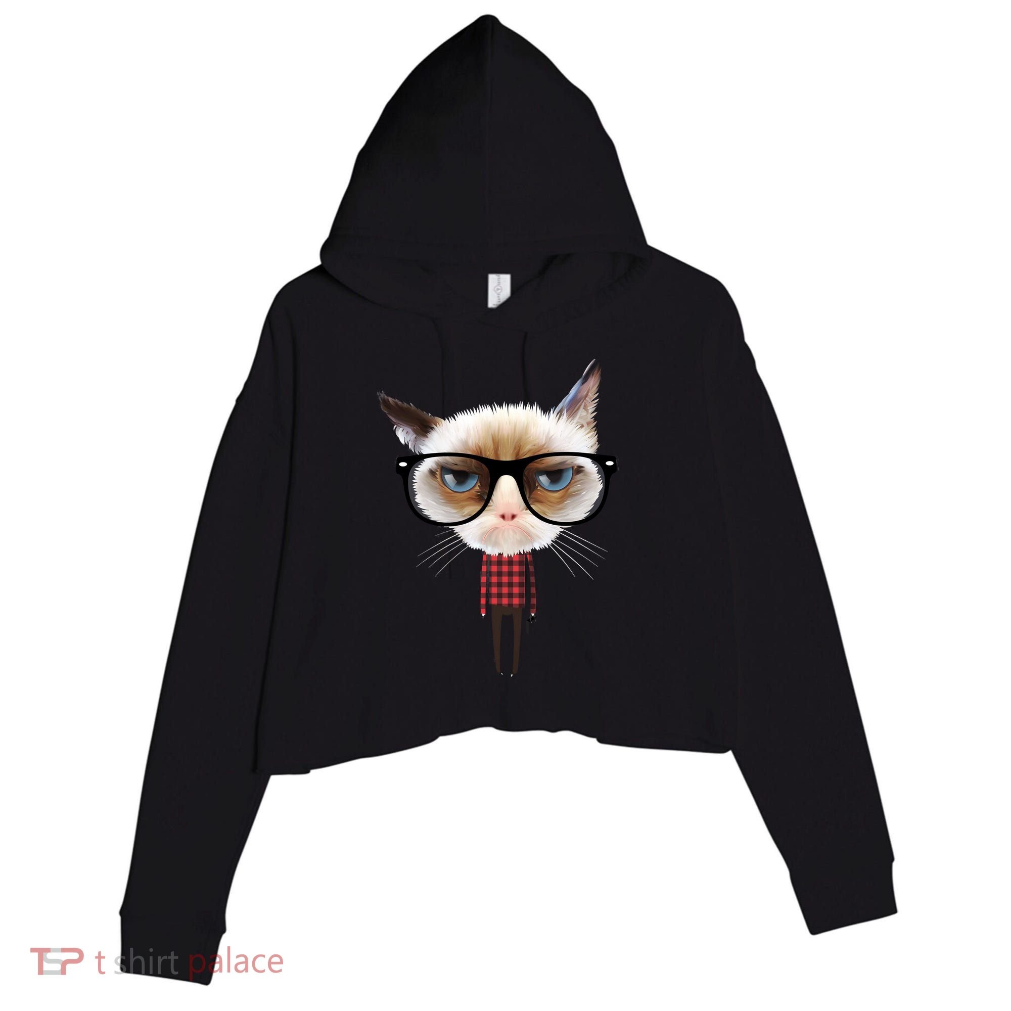 Funny Hipster Cat Crop Fleece Hoodie