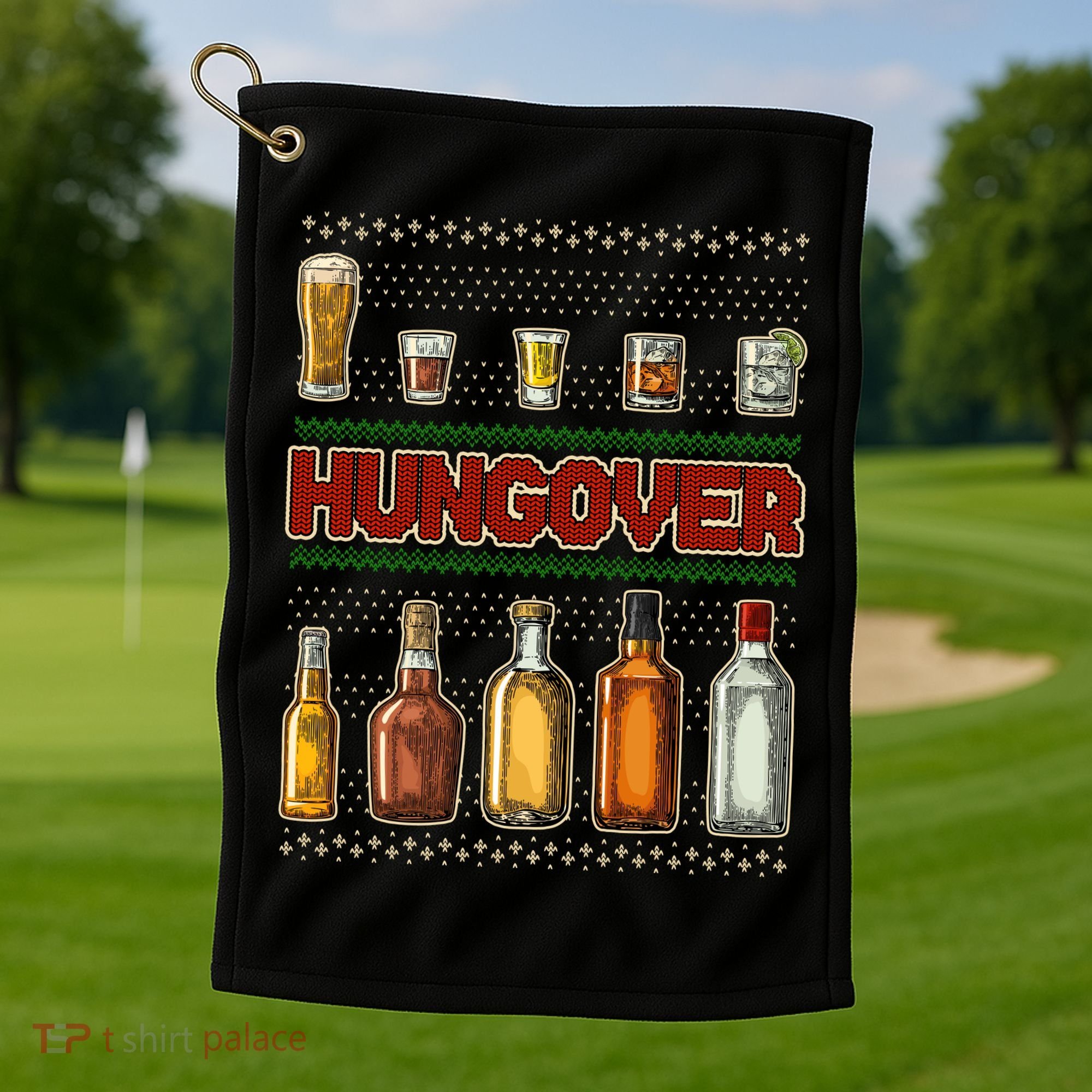 Funny Hungover Drunk Ugly Christmas Sweater Golf Towel