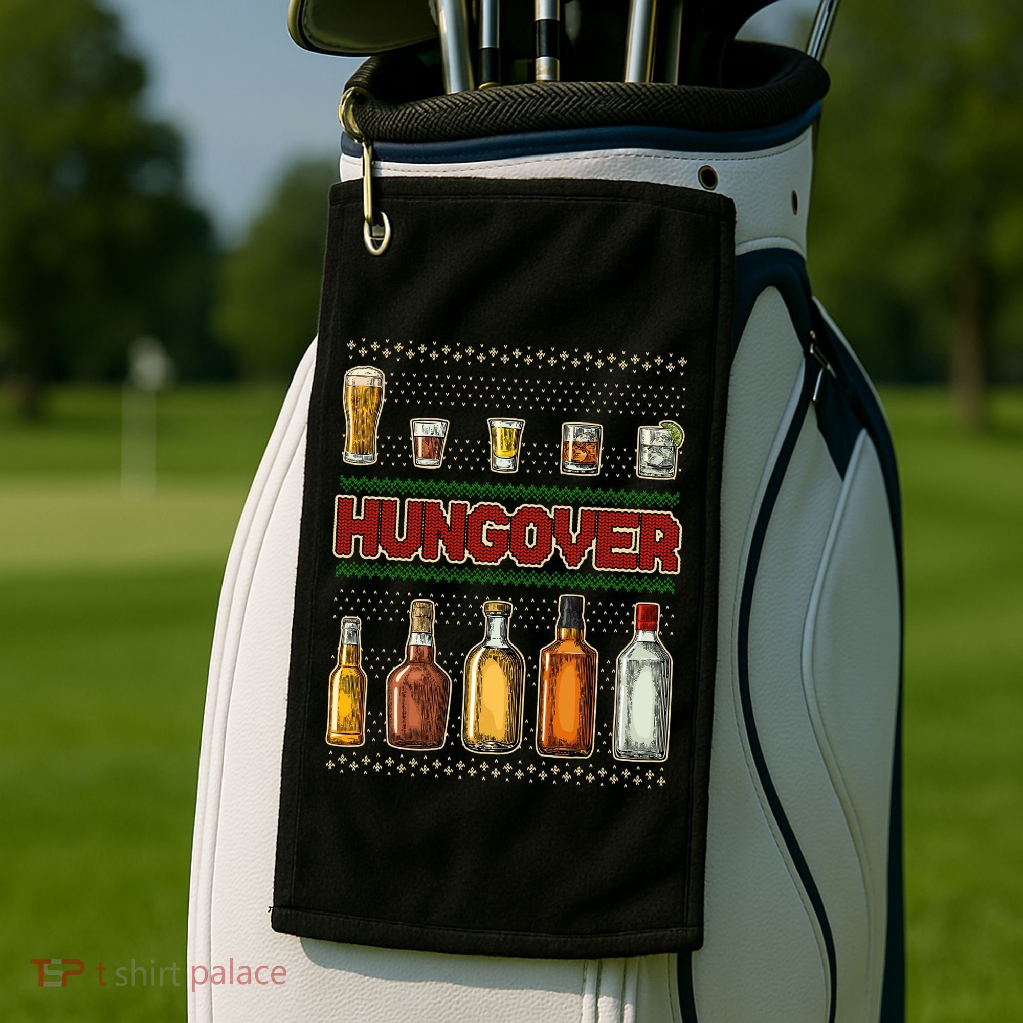 Funny Hungover Drunk Ugly Christmas Sweater Golf Towel