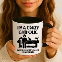 Funny I'm A Crazy Catholic Addicted To Cats Coffee Mug thumb 3