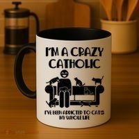 Funny I'm A Crazy Catholic Addicted To Cats Coffee Mug thumb 4