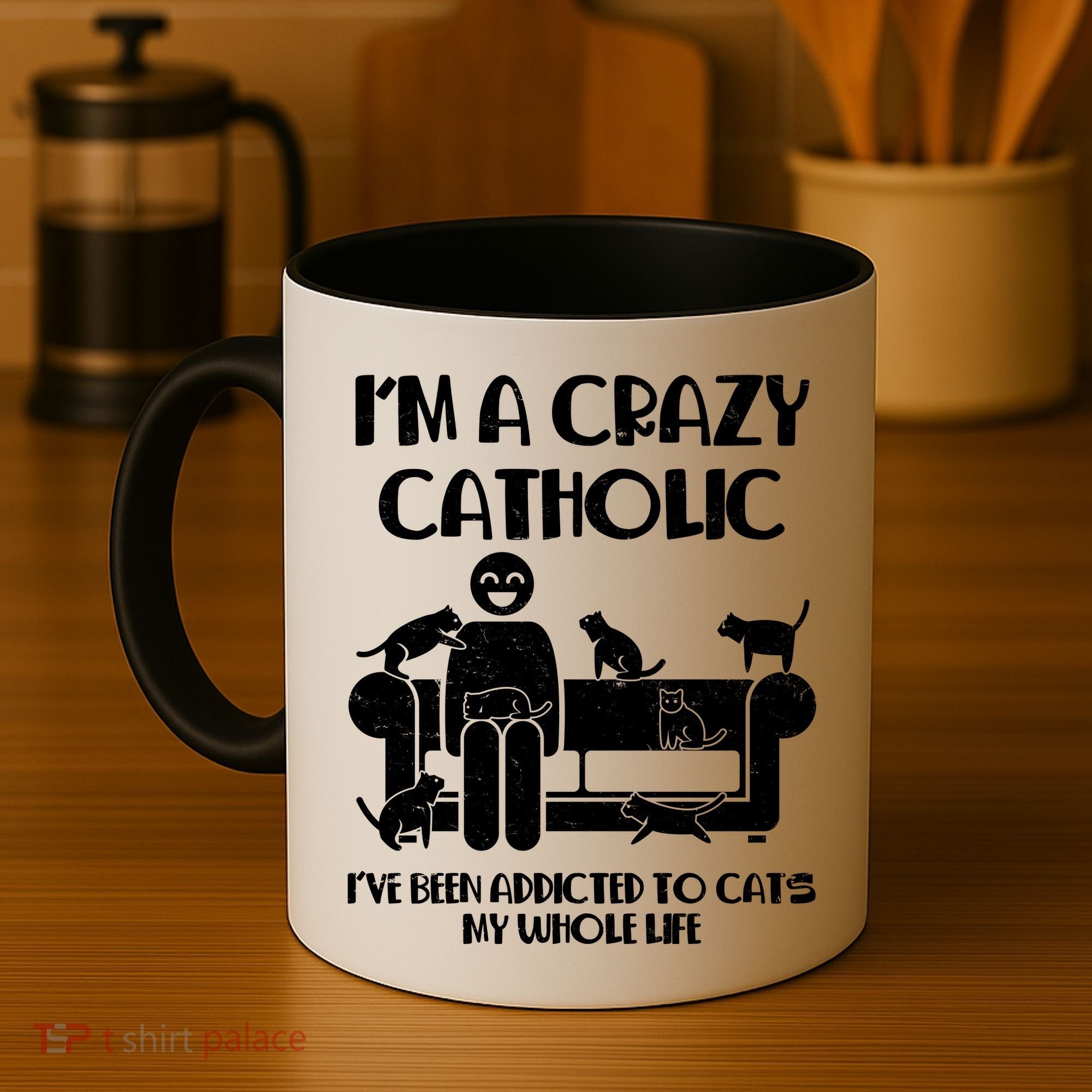 Funny I'm A Crazy Catholic Addicted To Cats Coffee Mug
