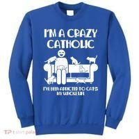 Funny I'm A Crazy Catholic Addicted To Cats Sweatshirt thumb 0