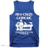 Funny I'm A Crazy Catholic Addicted To Cats Tank Top thumb 0