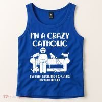 Funny I'm A Crazy Catholic Addicted To Cats Tank Top thumb 2