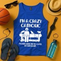 Funny I'm A Crazy Catholic Addicted To Cats Tank Top thumb 4