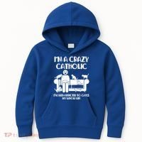 Funny I'm A Crazy Catholic Addicted To Cats Kids Hoodie thumb 0