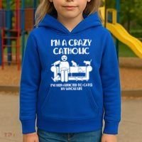 Funny I'm A Crazy Catholic Addicted To Cats Kids Hoodie thumb 3