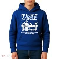 Funny I'm A Crazy Catholic Addicted To Cats Kids Hoodie thumb 4