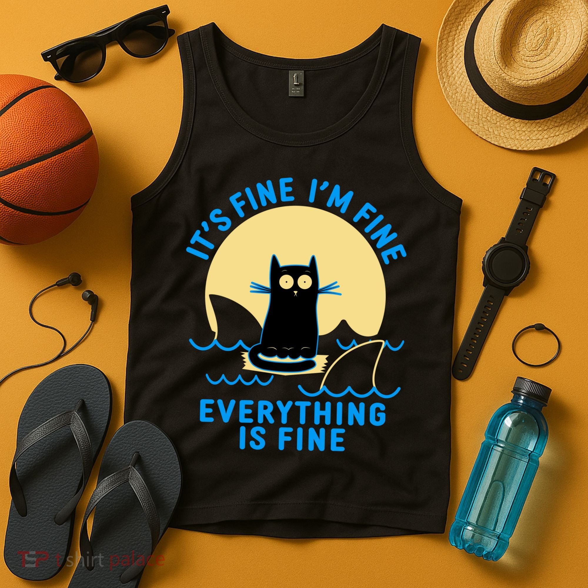 Funny It's Fine I'm Fine Everything Is Fine Shark Cat Tank Top