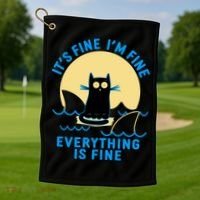 Funny It's Fine I'm Fine Everything Is Fine Shark Cat Golf Towel thumb 1