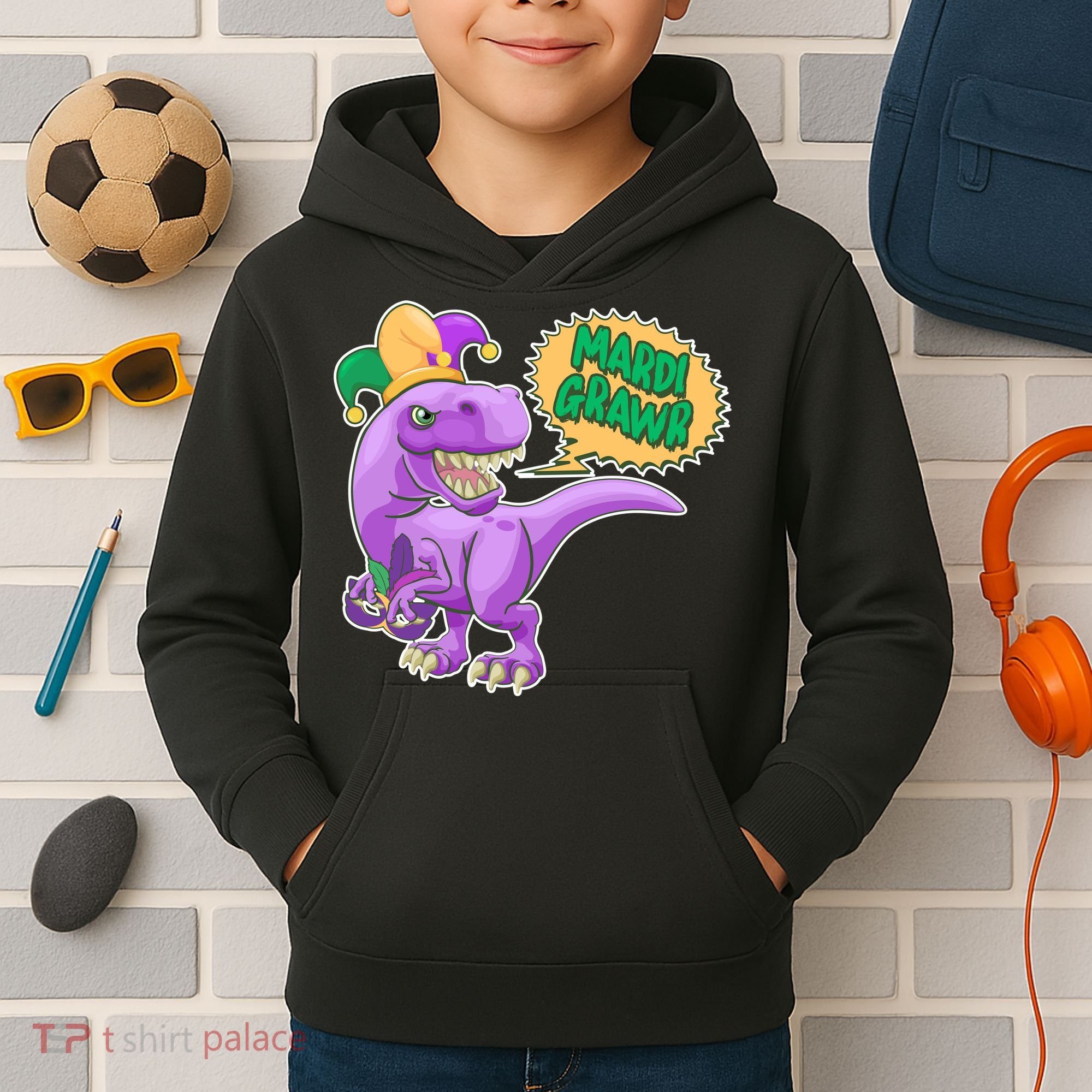 Funny Mardi Grawr T-Rex Dinosaur Kids Hoodie