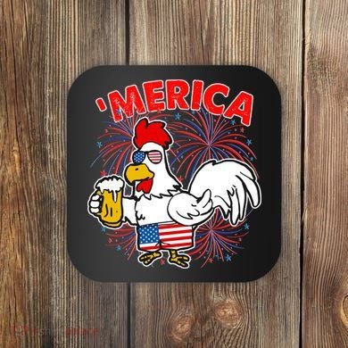 Funny Merica USA Rooster With Beer Coaster