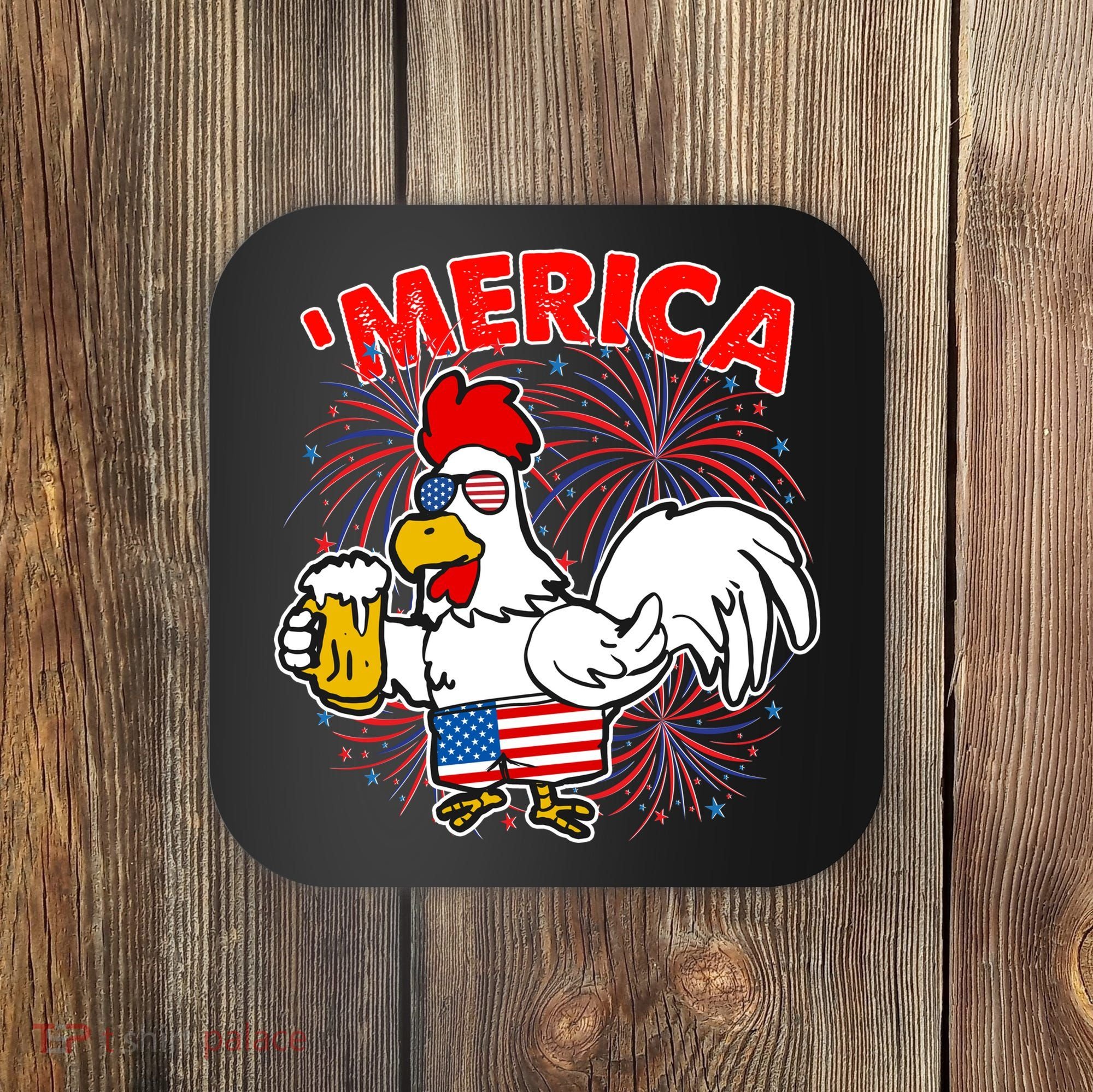 Funny Merica USA Rooster With Beer Coaster