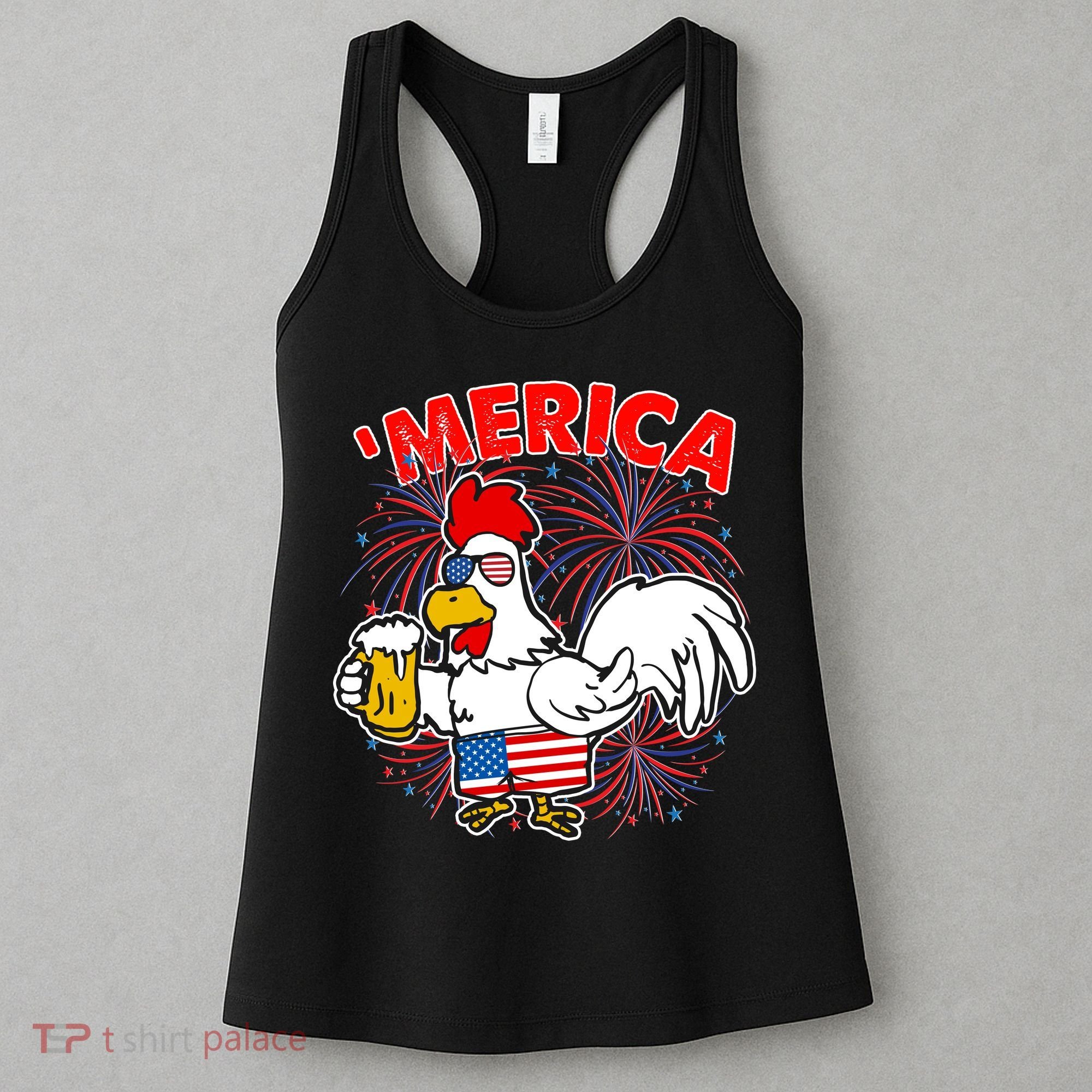 Funny Merica USA Rooster With Beer Women's Tank Top