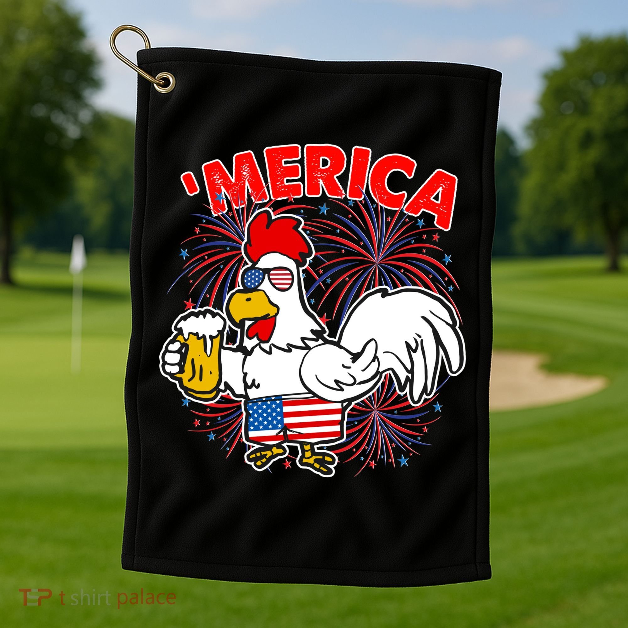 Funny Merica USA Rooster With Beer Golf Towel