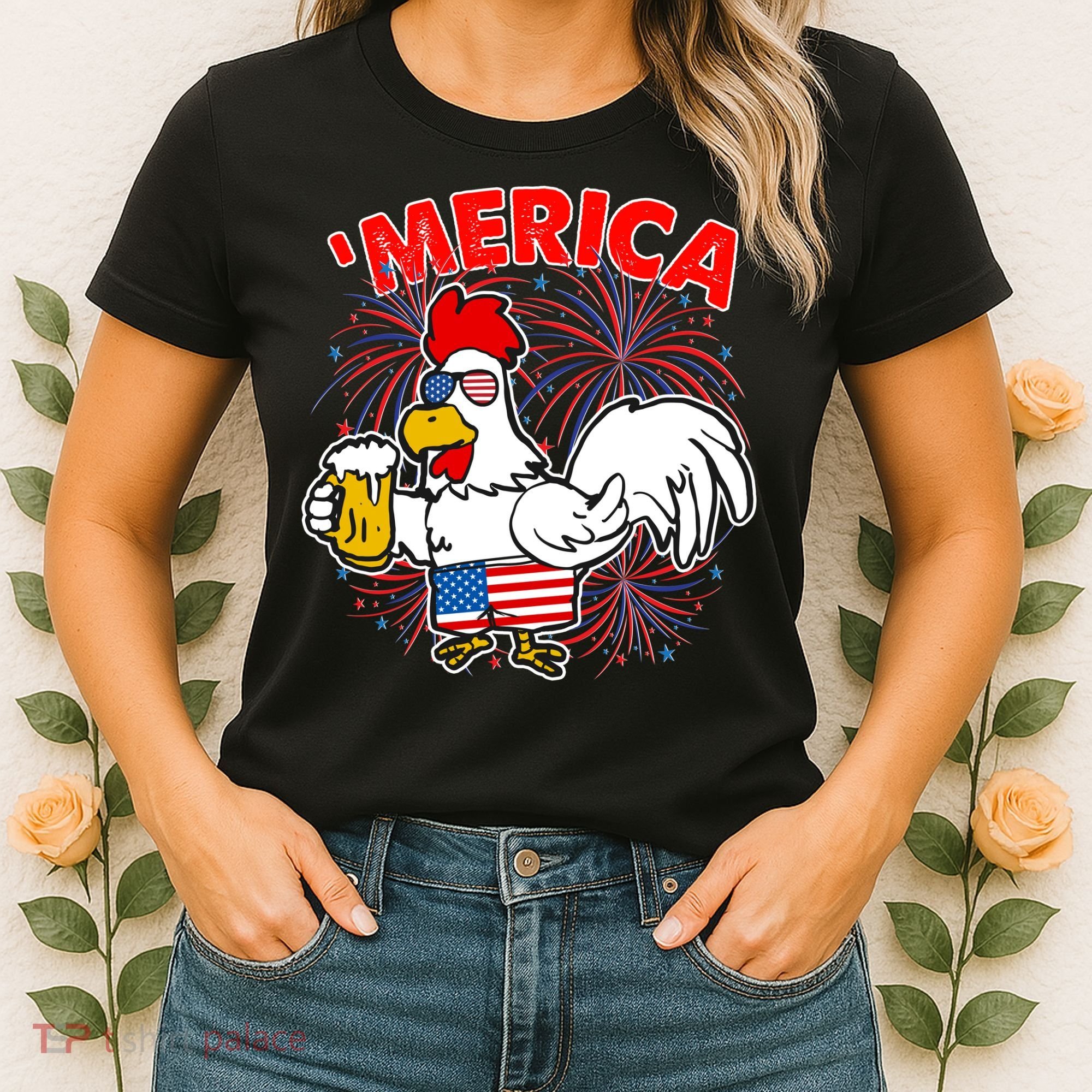 Funny Merica USA Rooster With Beer Women's T-Shirt