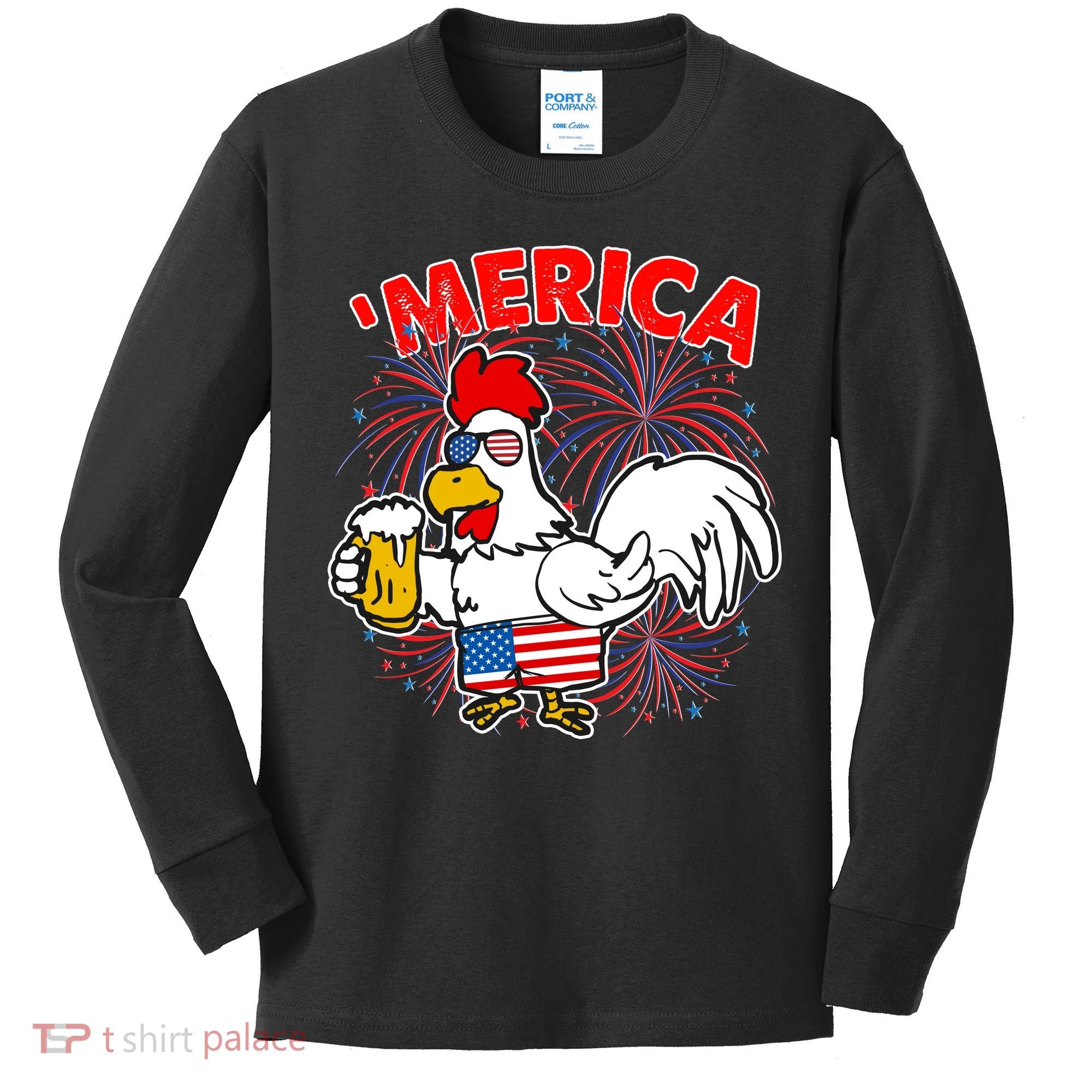 Funny Merica USA Rooster With Beer Kids Long Sleeve Shirt