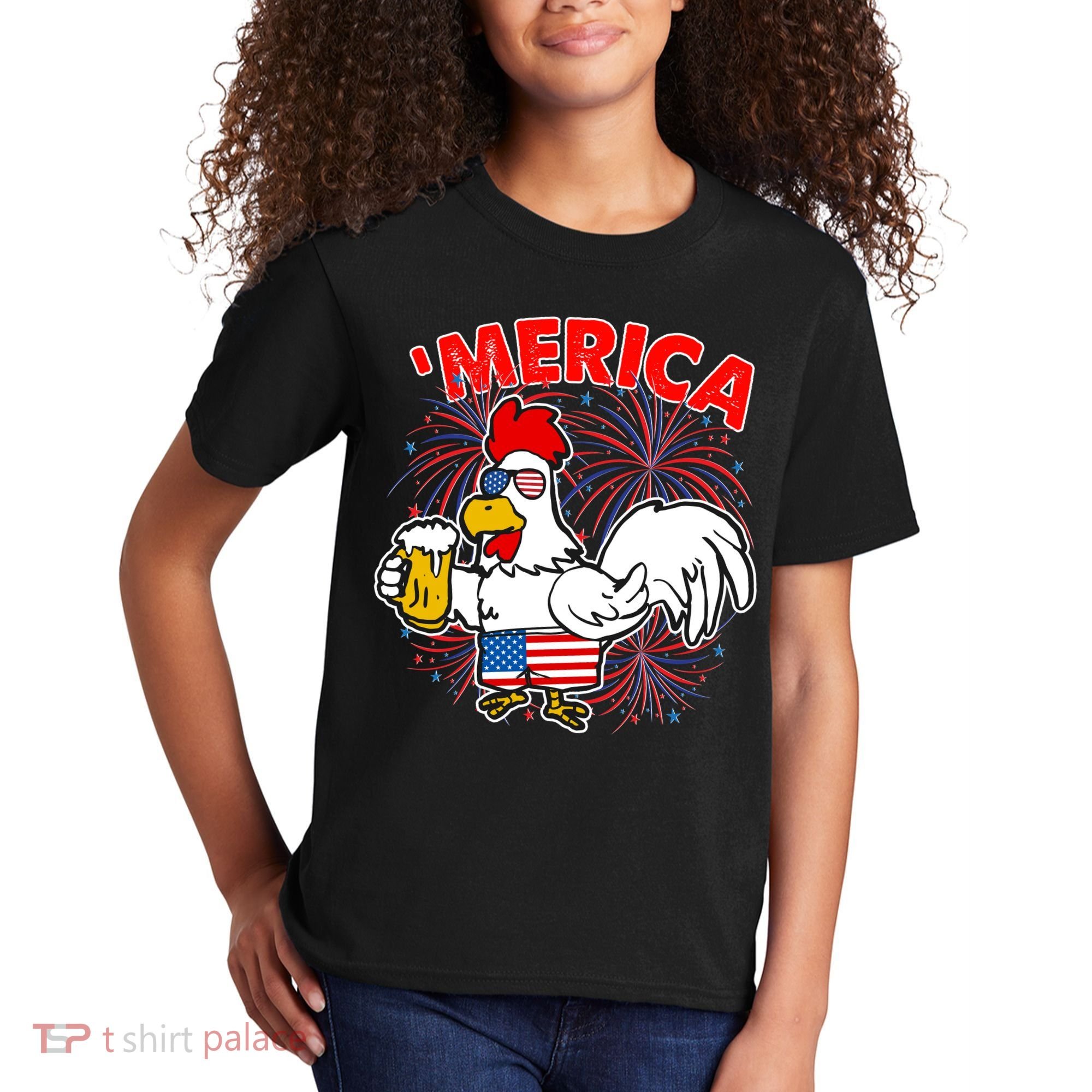 Funny Merica USA Rooster With Beer Kids T-Shirt