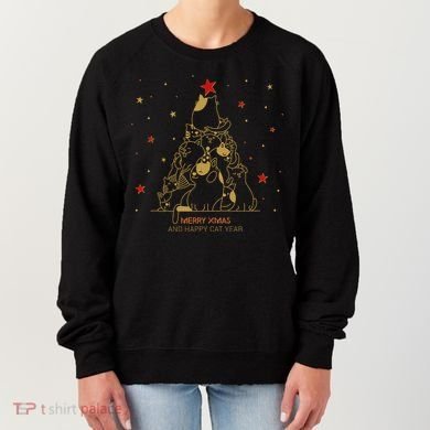 Funny Merry XMas and Happy Cat Year Christmas Tree Women's Sweatshirt