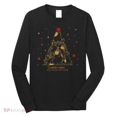 Funny Merry XMas and Happy Cat Year Christmas Tree Long Sleeve Shirt