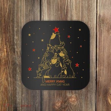 Funny Merry XMas and Happy Cat Year Christmas Tree Coaster