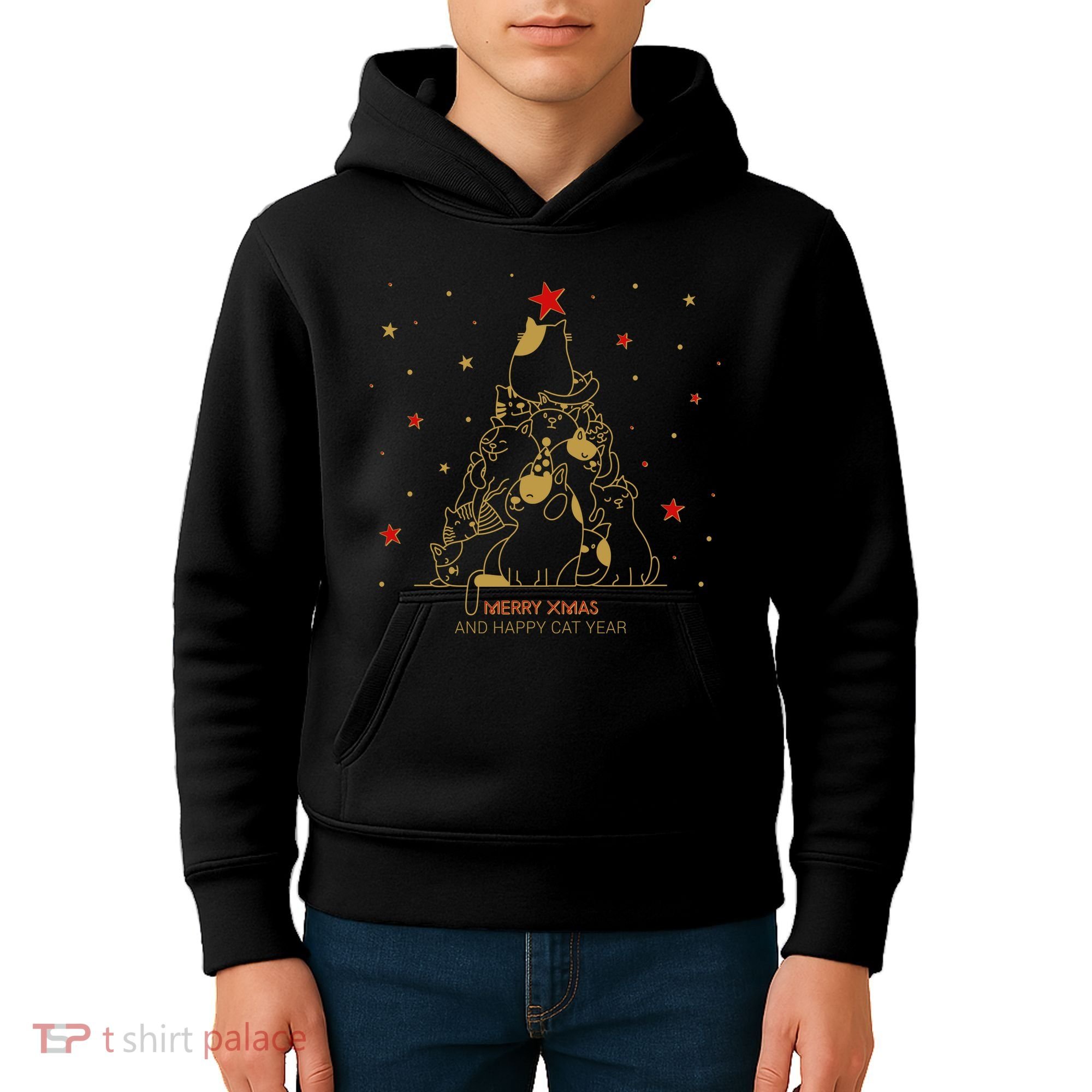 Funny Merry XMas and Happy Cat Year Christmas Tree Kids Hoodie