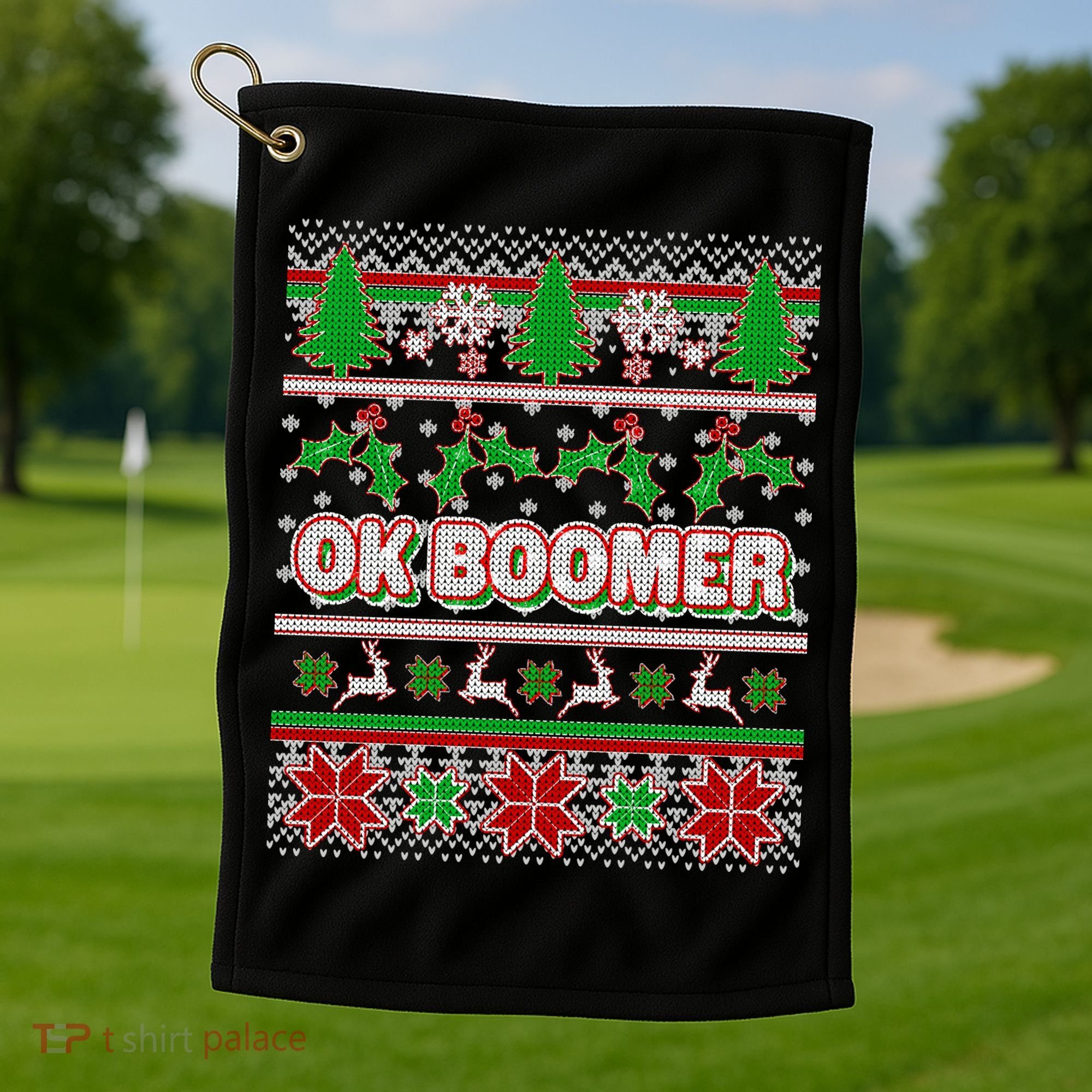 Funny OK Boomer Ugly Christmas Golf Towel