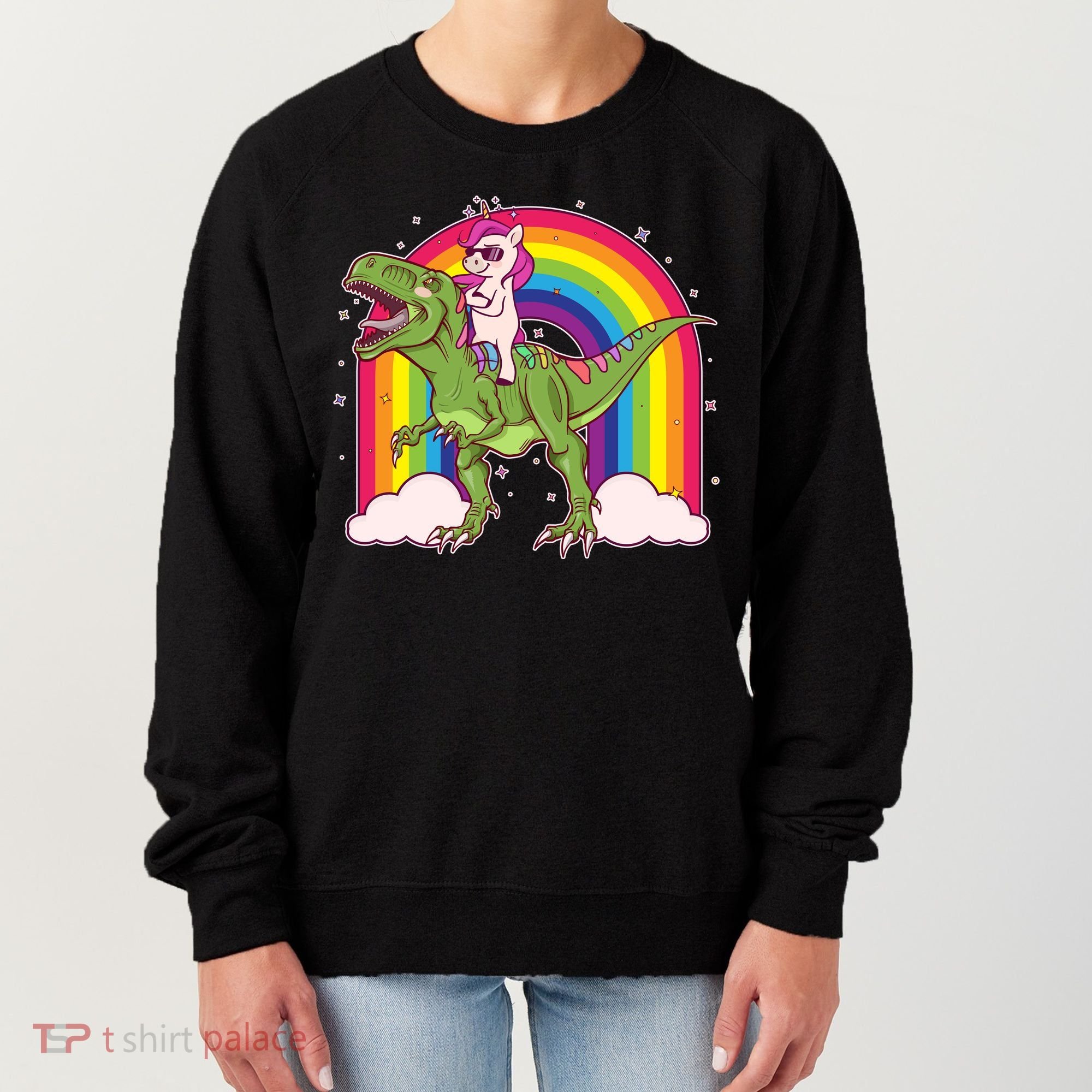 Funny Rainbow Unicorn Riding T-Rex Dinosaur Women's Sweatshirt