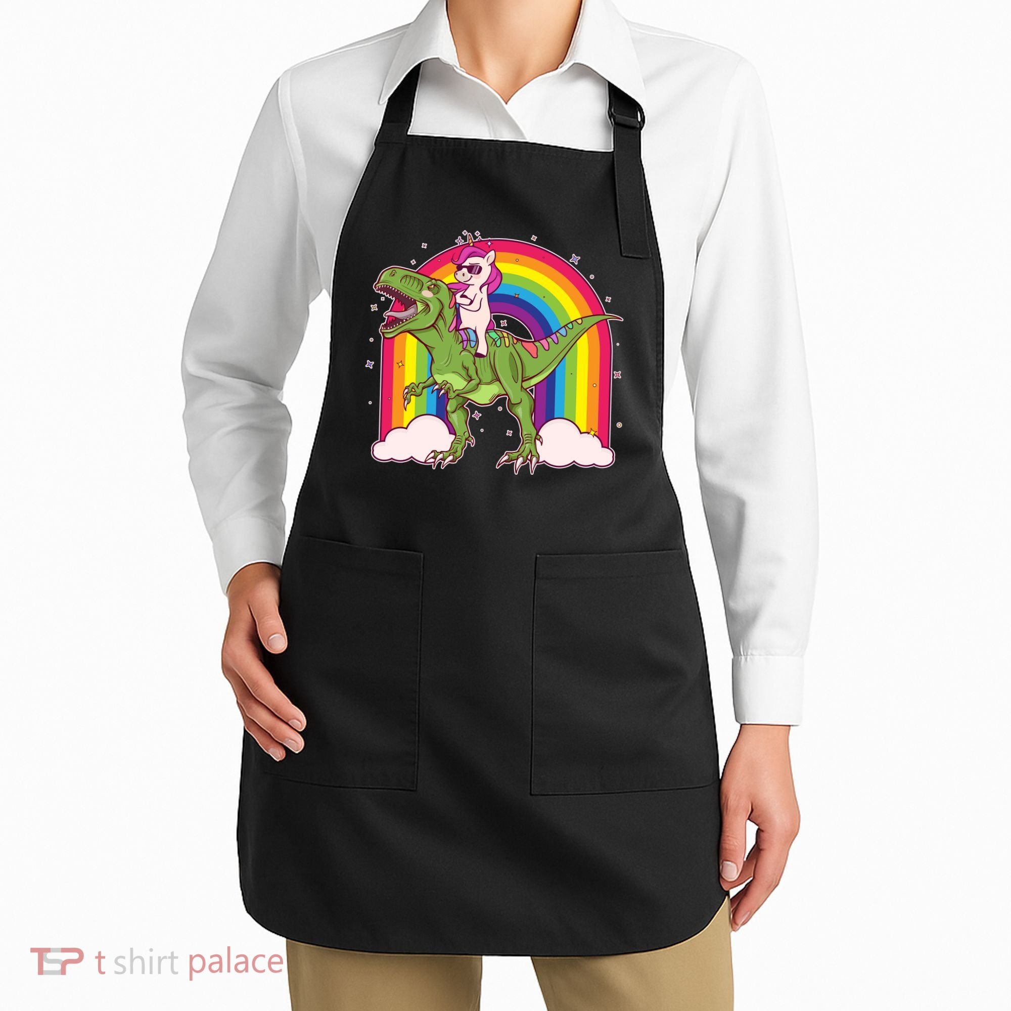 Funny Rainbow Unicorn Riding T-Rex Dinosaur Apron