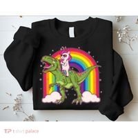 Funny Rainbow Unicorn Riding T-Rex Dinosaur Sweatshirt thumb 2