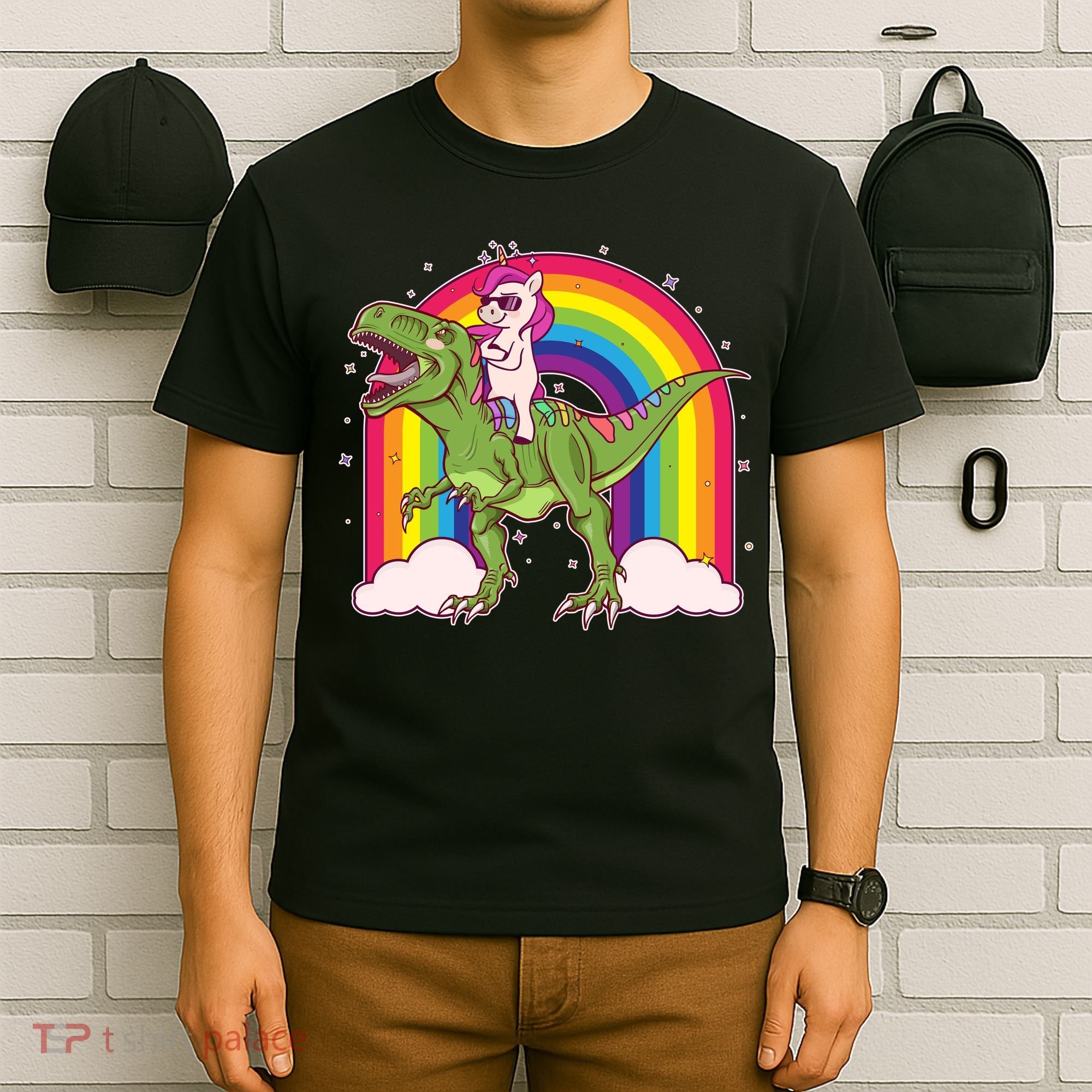 Funny Rainbow Unicorn Riding T-Rex Dinosaur T-Shirt