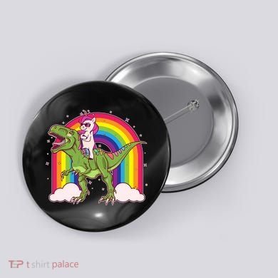 Funny Rainbow Unicorn Riding T-Rex Dinosaur Button