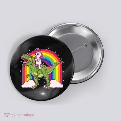 Funny Rainbow Unicorn Riding T-Rex Dinosaur Button
