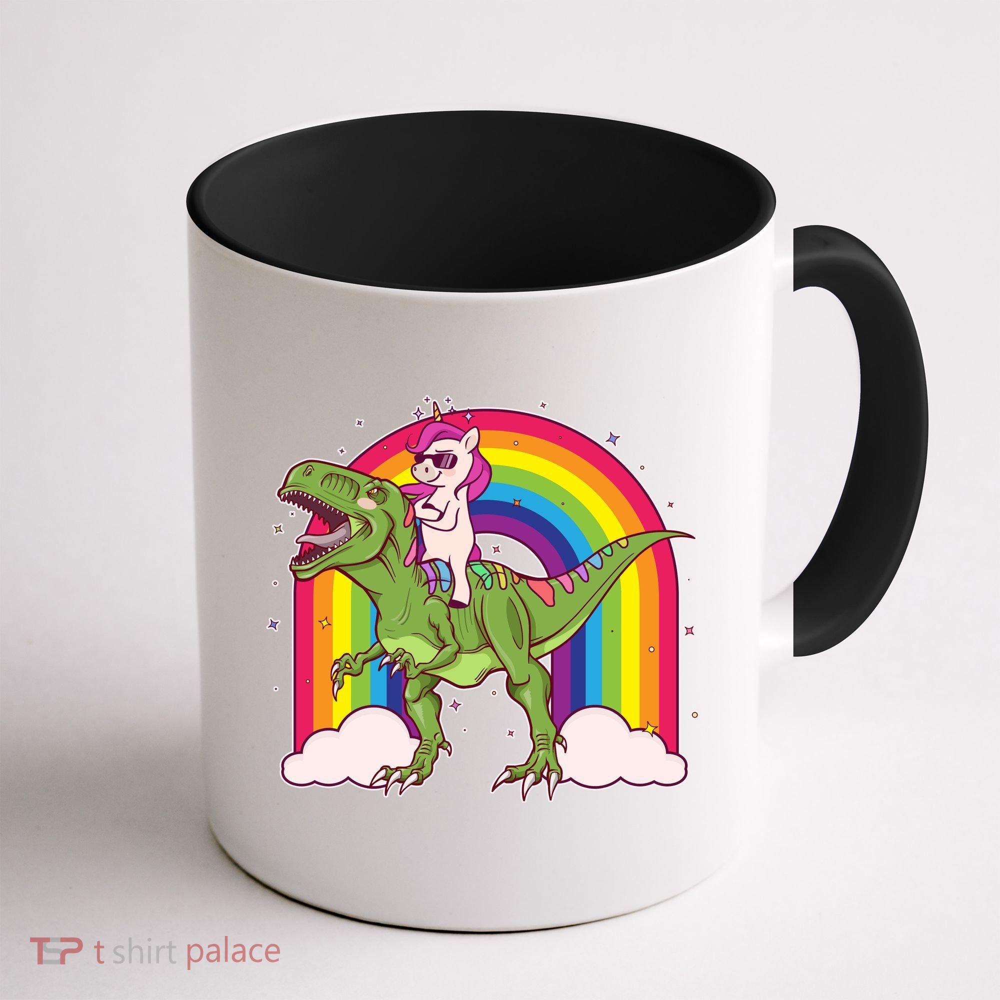 Funny Rainbow Unicorn Riding T-Rex Dinosaur Coffee Mug