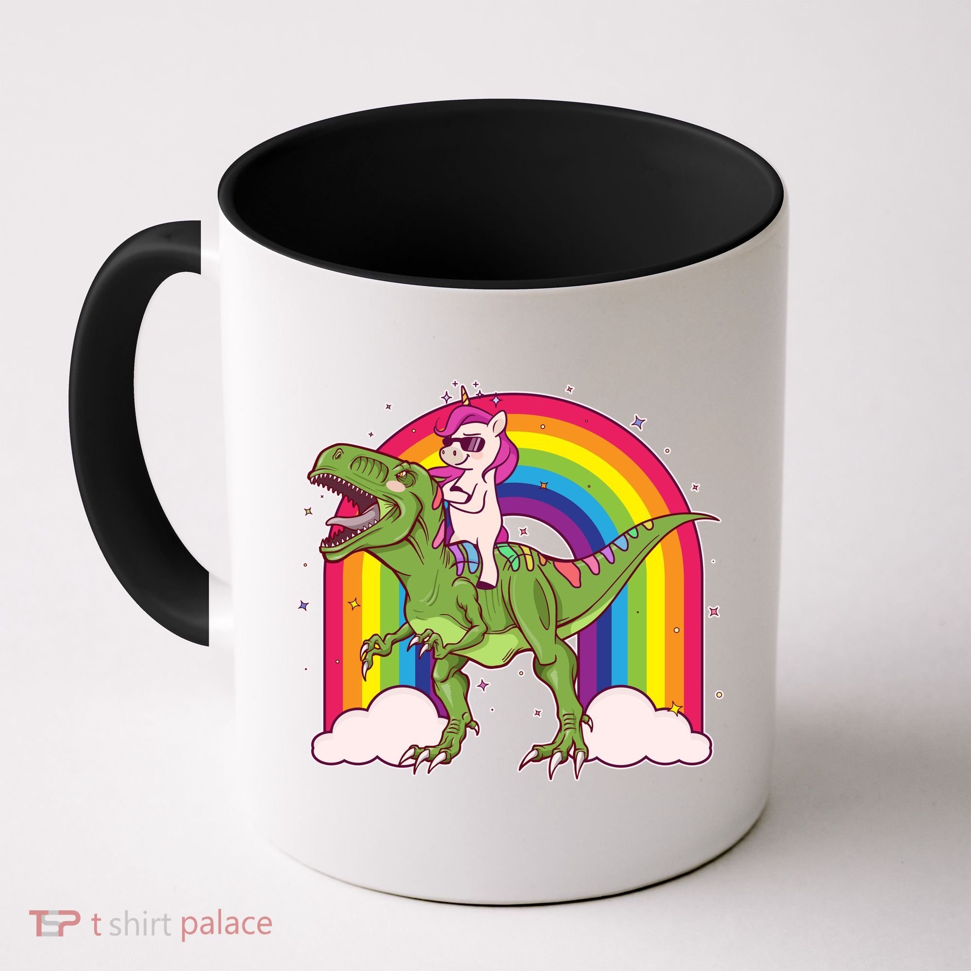 Funny Rainbow Unicorn Riding T-Rex Dinosaur Coffee Mug