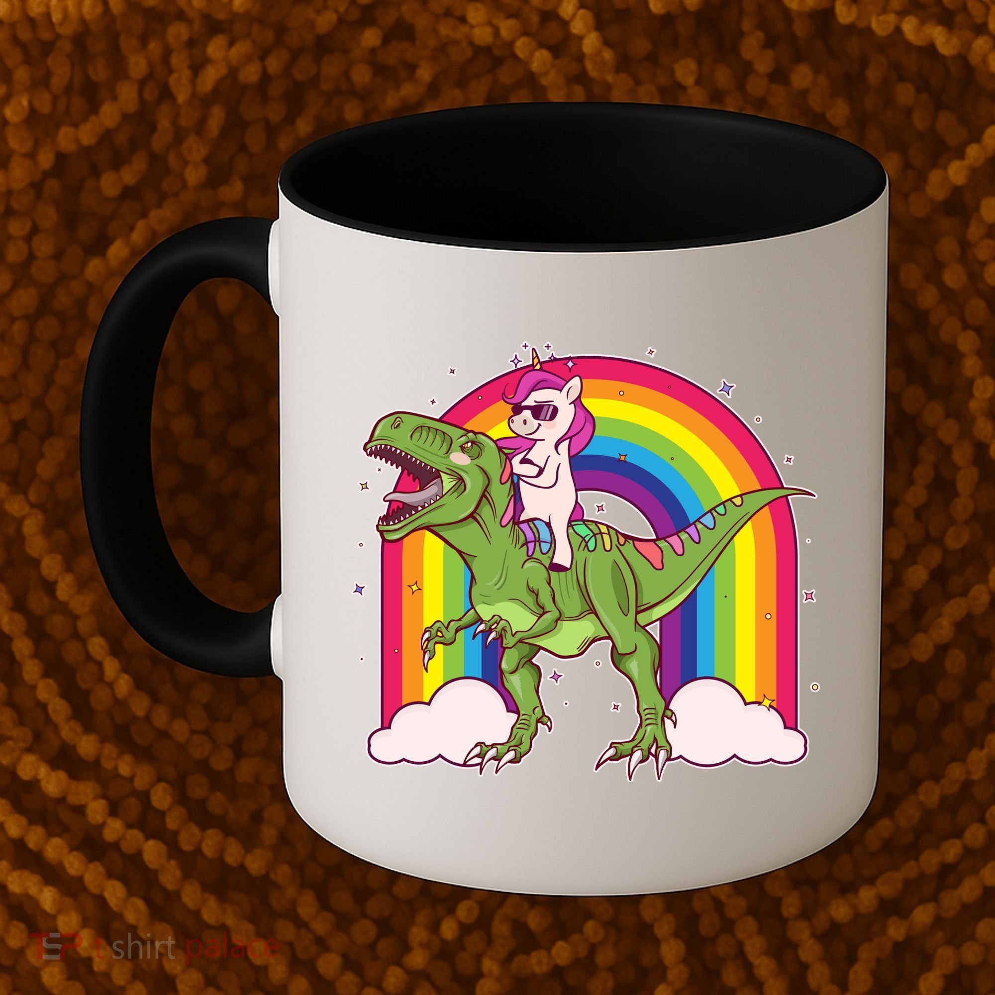 Funny Rainbow Unicorn Riding T-Rex Dinosaur Coffee Mug
