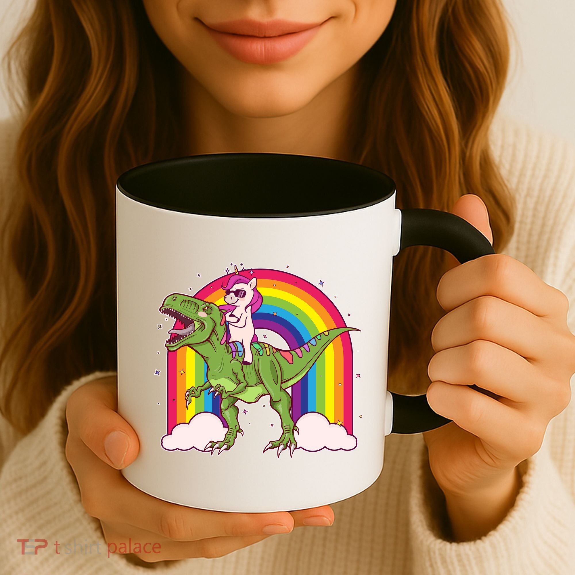 Funny Rainbow Unicorn Riding T-Rex Dinosaur Coffee Mug