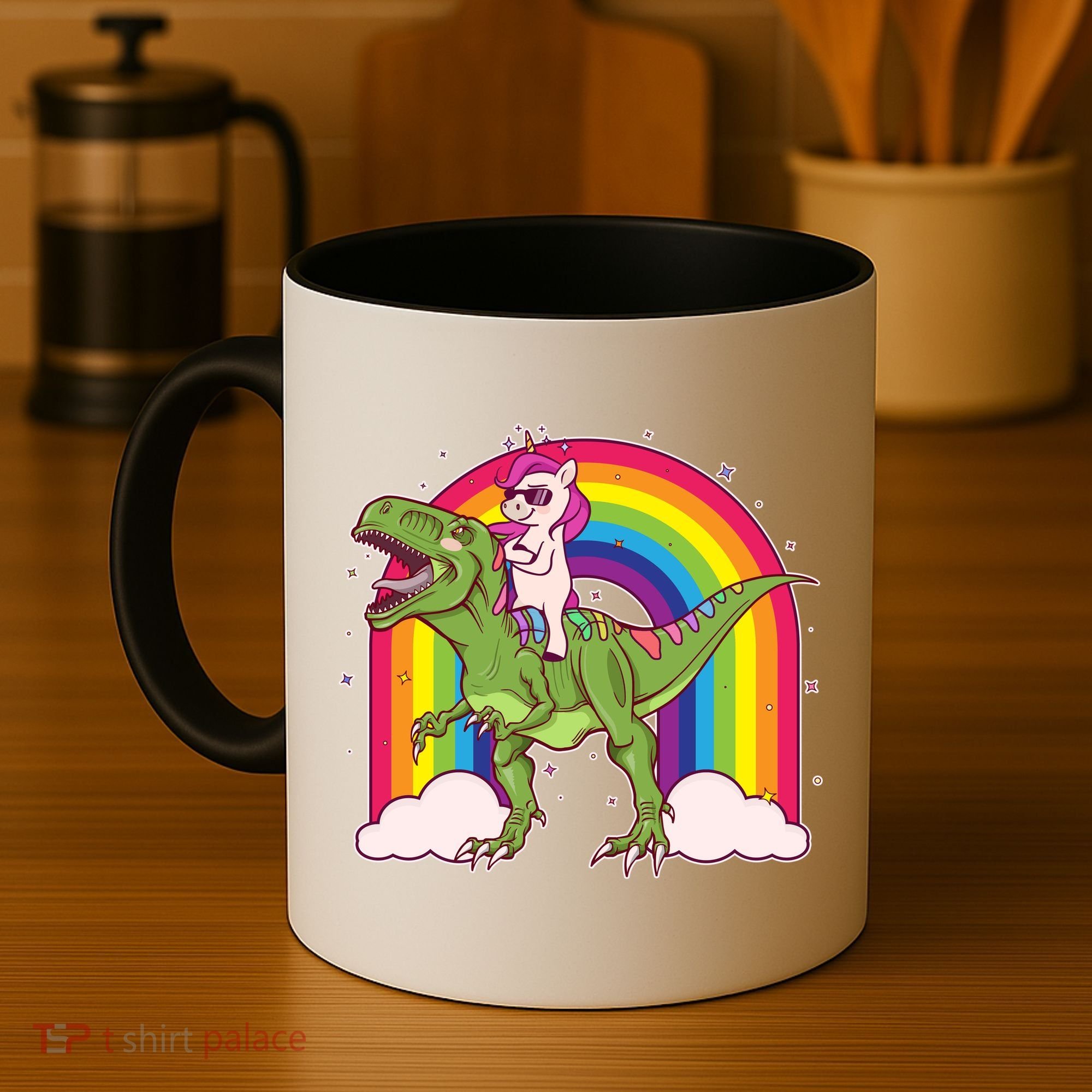 Funny Rainbow Unicorn Riding T-Rex Dinosaur Coffee Mug
