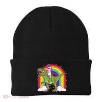 Funny Rainbow Unicorn Riding T-Rex Dinosaur Beanie thumb 0