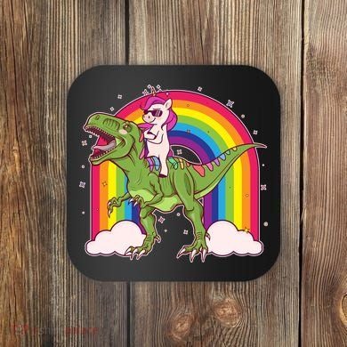 Funny Rainbow Unicorn Riding T-Rex Dinosaur Coaster