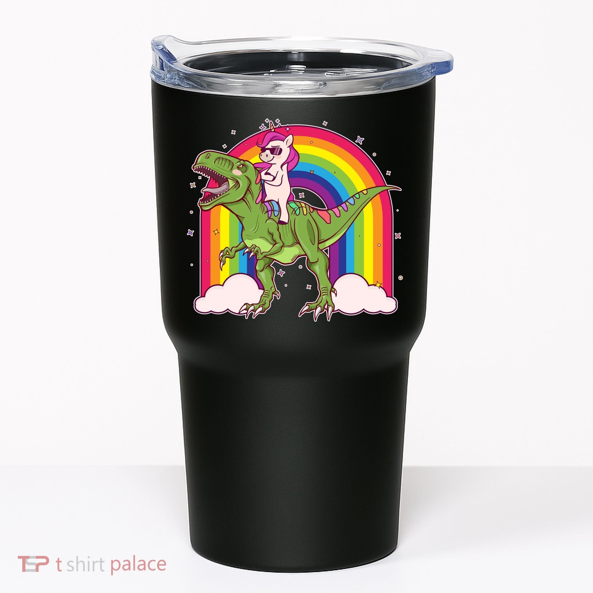 Funny Rainbow Unicorn Riding T-Rex Dinosaur Tumbler