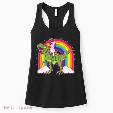 Funny Rainbow Unicorn Riding T-Rex Dinosaur Women's Tank Top