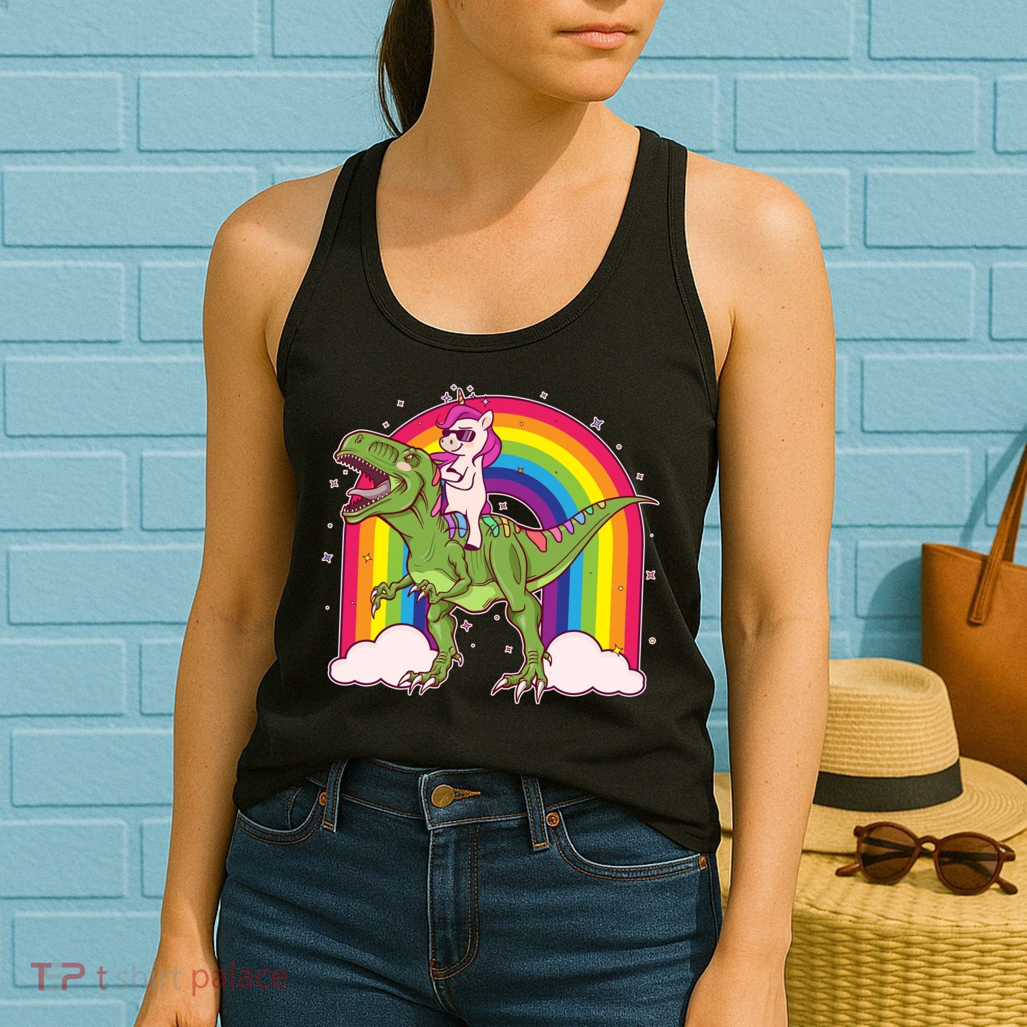 Funny Rainbow Unicorn Riding T-Rex Dinosaur Women's Tank Top