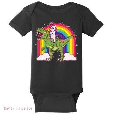 Funny Rainbow Unicorn Riding T-Rex Dinosaur Baby Bodysuit
